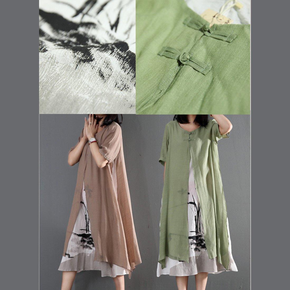 Khaki cotton layered sundress loose causal summer maxi dresses print dress inside