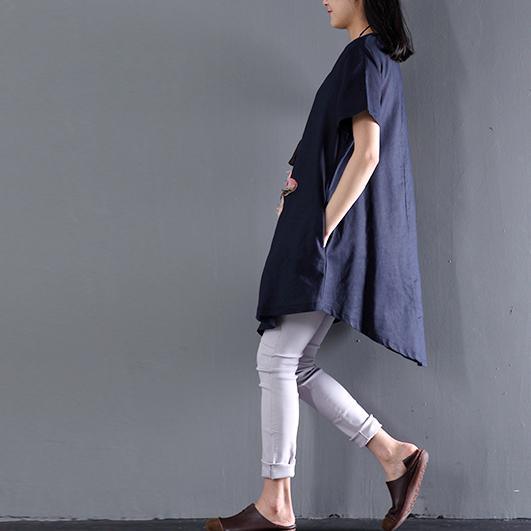Navy floral sundress asymmetric short sleeve summer blouse dresses top