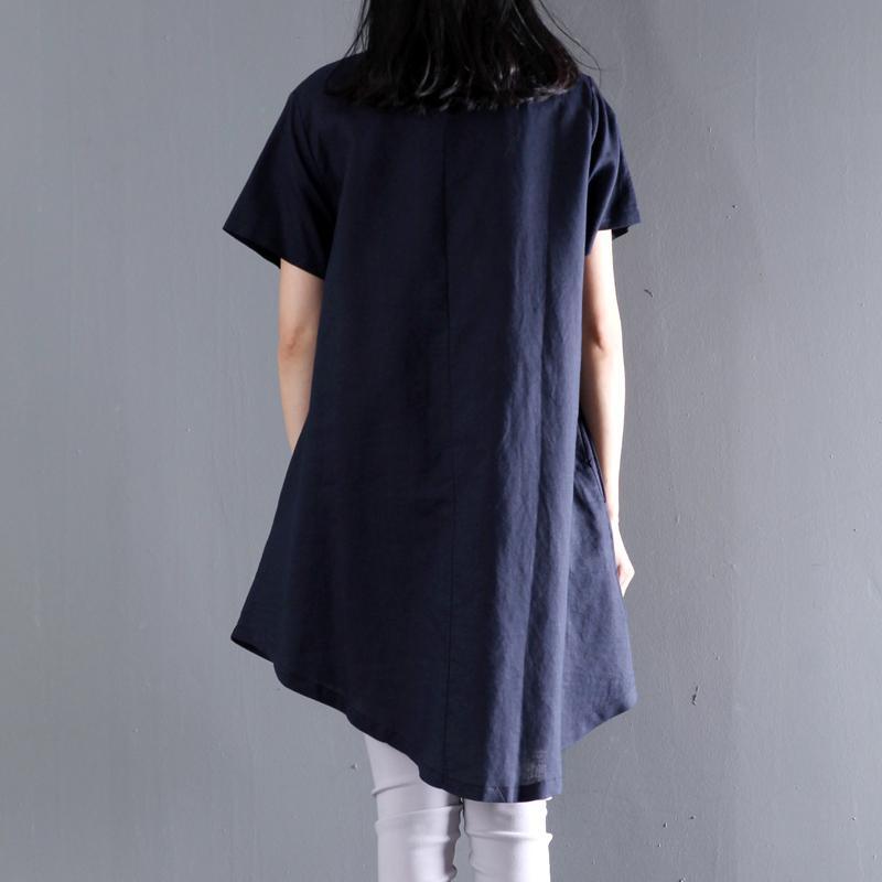 Navy floral sundress asymmetric short sleeve summer blouse dresses top