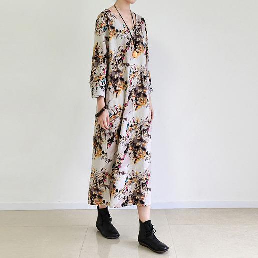 Fall Beige floral cotton dress plus size cotton clothing