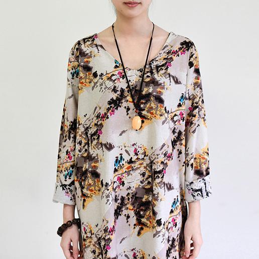 Fall Beige floral cotton dress plus size cotton clothing