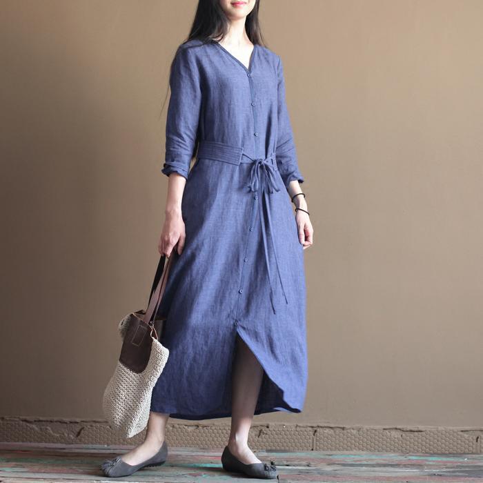 fall Blue vintage long line dresses plus size linen clothing
