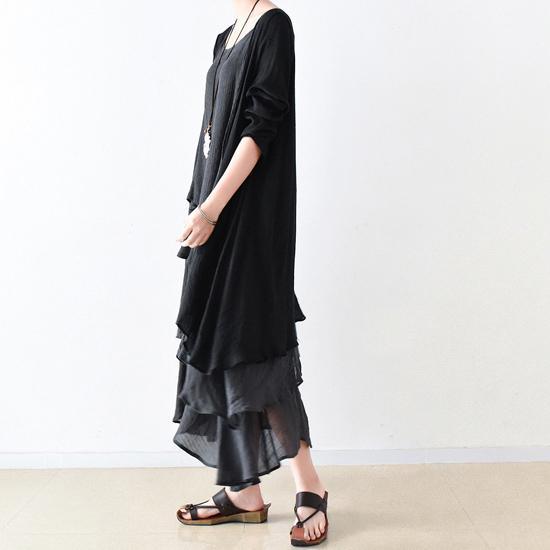 Fall Black Cotton Dresses Flowy Cardigan With Asymmetrical Layered Dress Inside Two Pieces