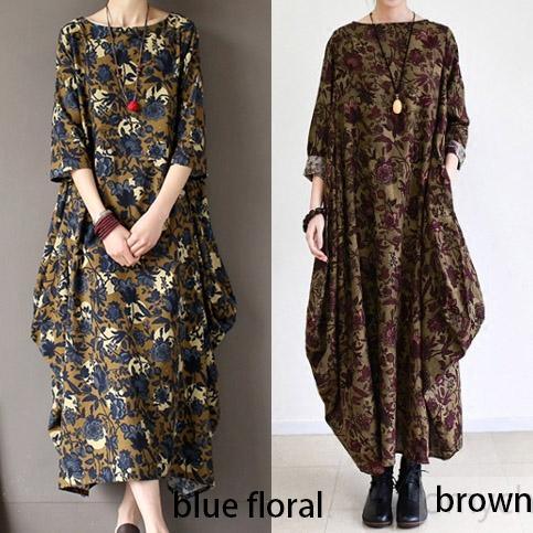 Fall Brown Baggy Long Sleeve Linen Dresses Long Cotton Maxi Dress