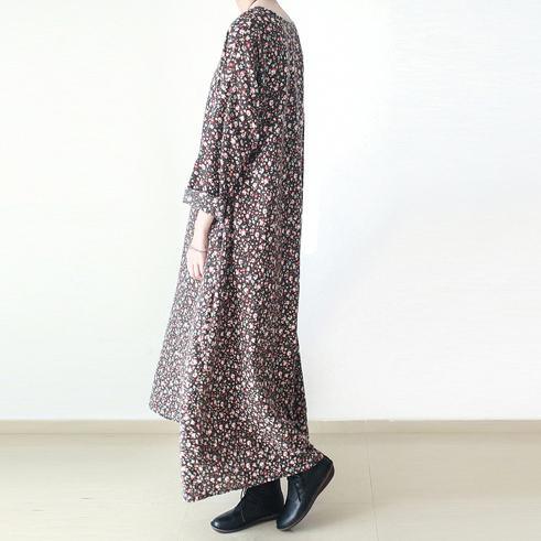 fall brown plus size floral cotton dresses long sleeve maxi dress gown