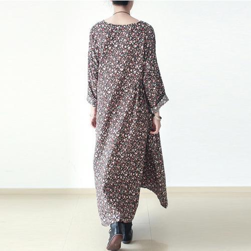 fall brown plus size floral cotton dresses long sleeve maxi dress gown