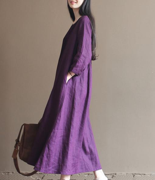 Fall Purple Linen Dresses Bracelet Sleeve Pleated Linen Maxi Dress Gowns