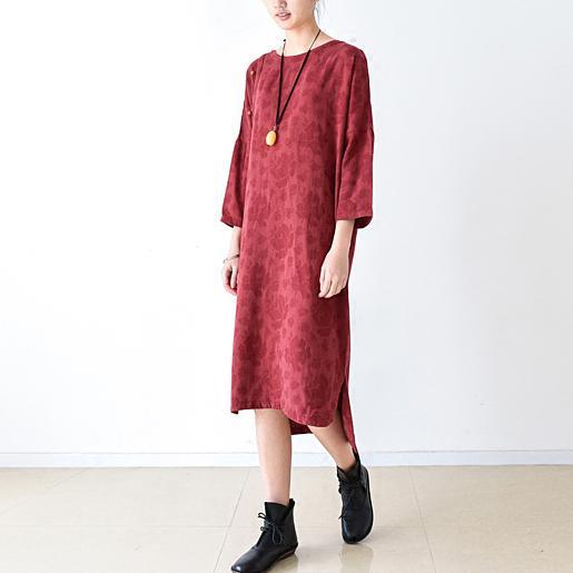 fall red linen dress floral oversized cotton dresses