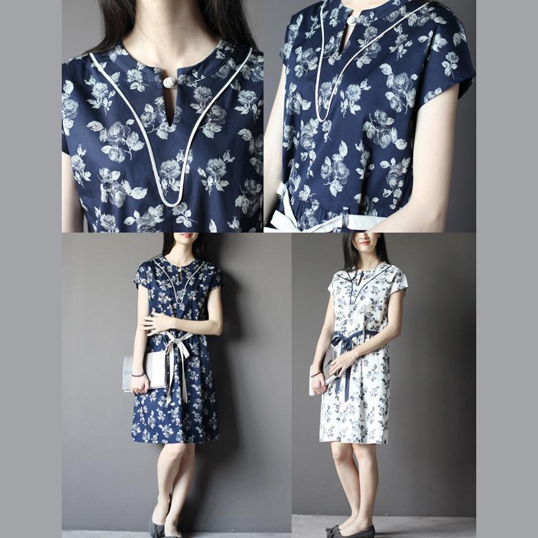 retro navy print tunic sundress plus size summer cotton dresses