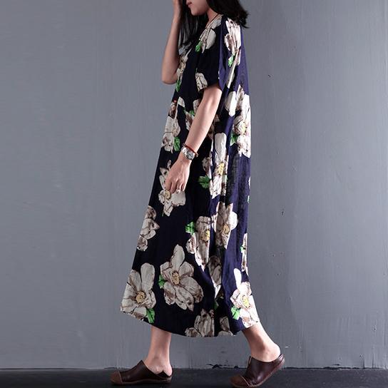Round Neck Magnolia Floral Print Oversized Linen Midi Dress 2