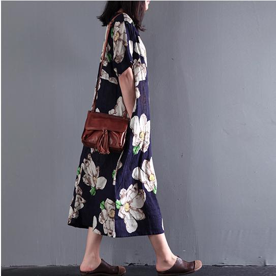 Round Neck Magnolia Floral Print Oversized Linen Midi Dress 3