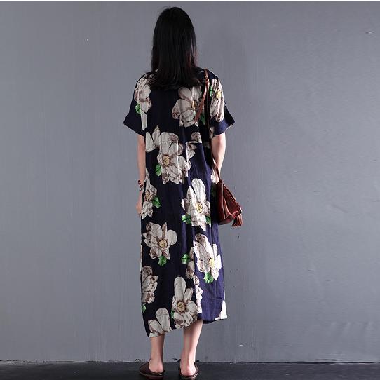 Round Neck Magnolia Floral Print Oversized Linen Midi Dress 4