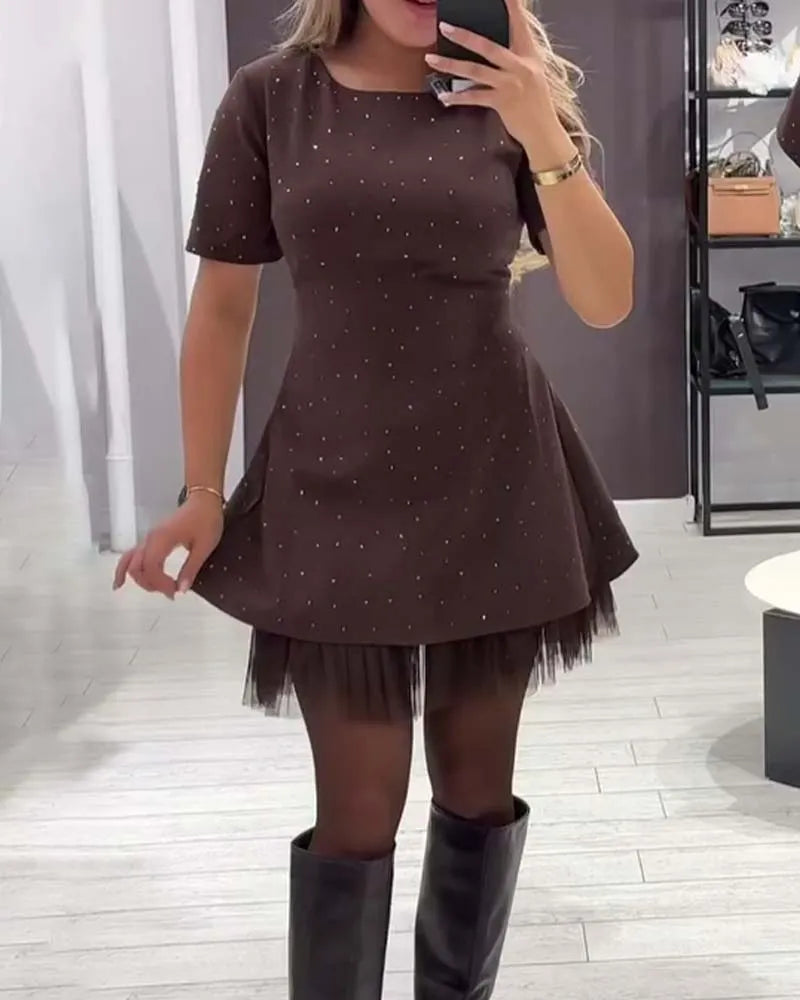 Round Neck Rhinestone Studded Short Sleeve Tulle Hem Flared Mini Dress