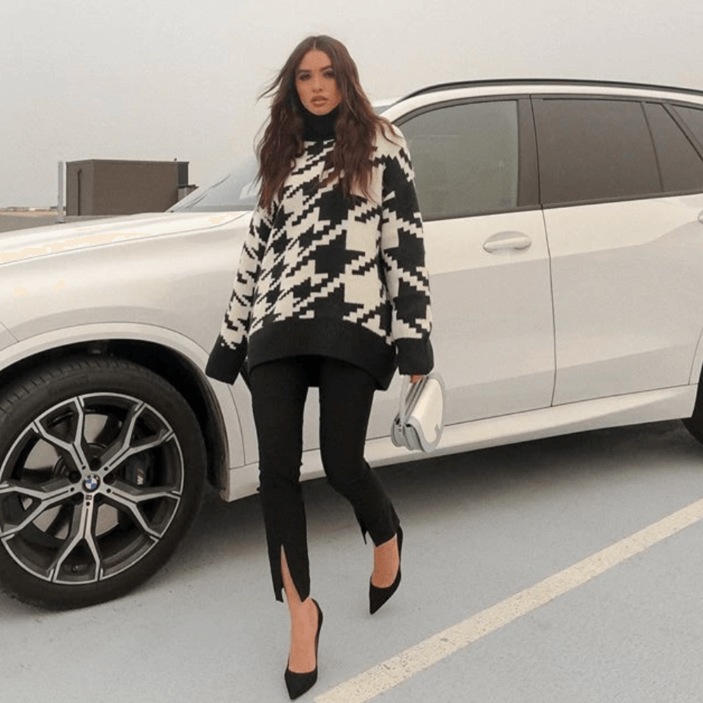 Turtleneck Houndstooth Pattern Oversized Knit Sweater