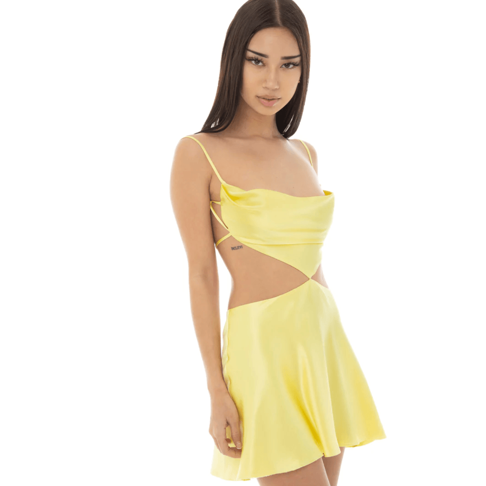 Cowl Neck Spaghetti Strap Backless Satin Slip Mini Dress