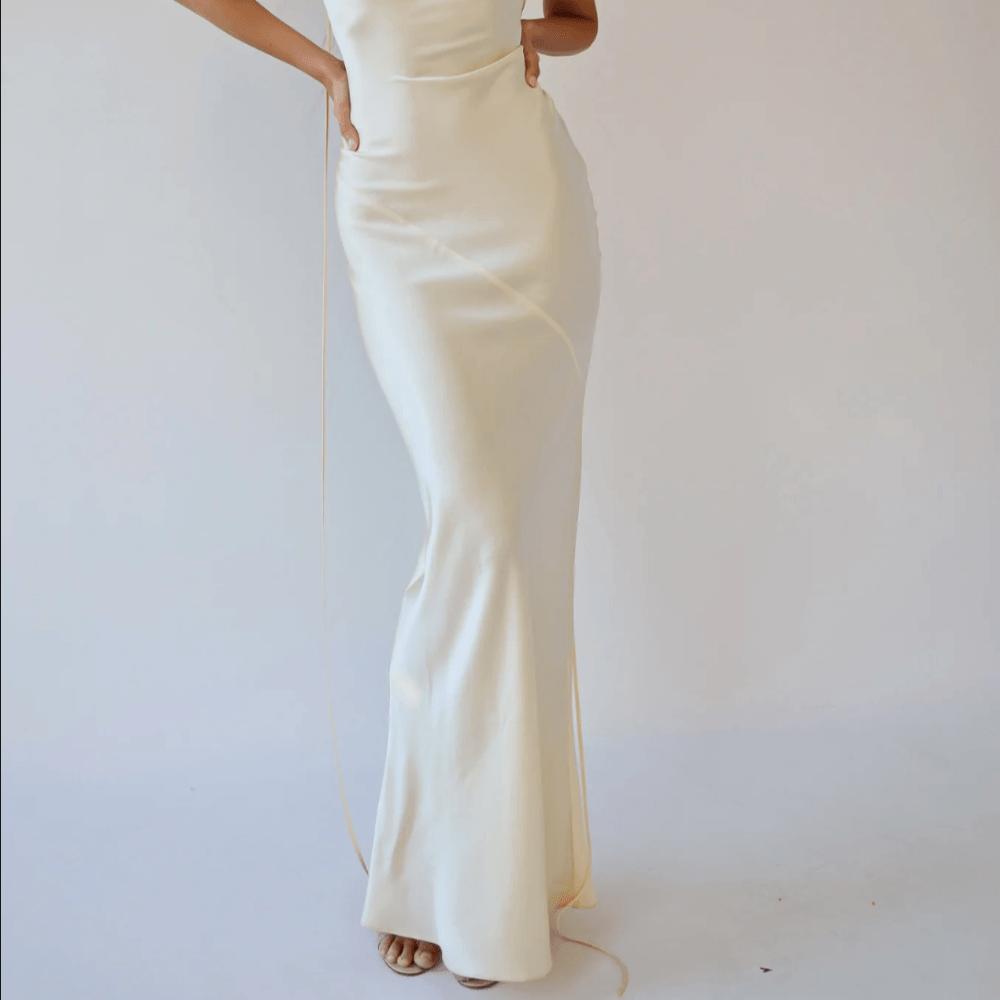 Beige Cowl Neck Plunging Back Satin Slip Maxi Dress