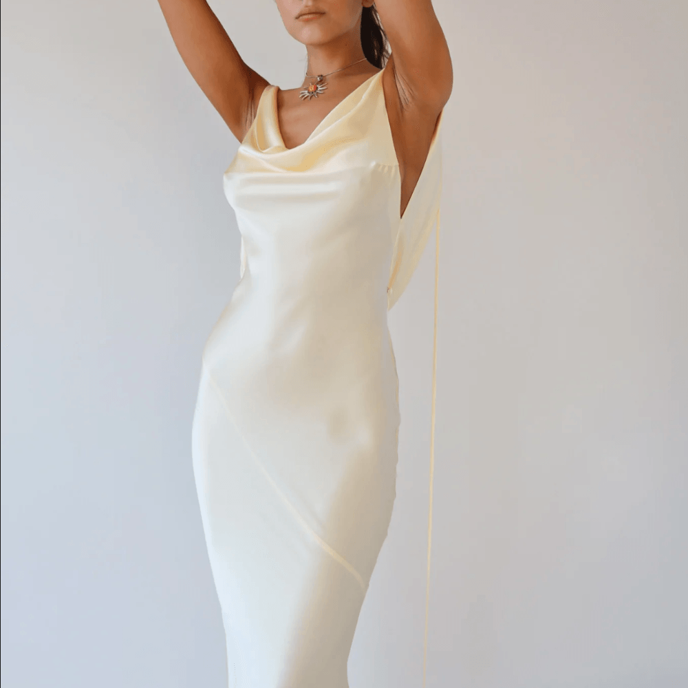Beige Cowl Neck Plunging Back Satin Slip Maxi Dress