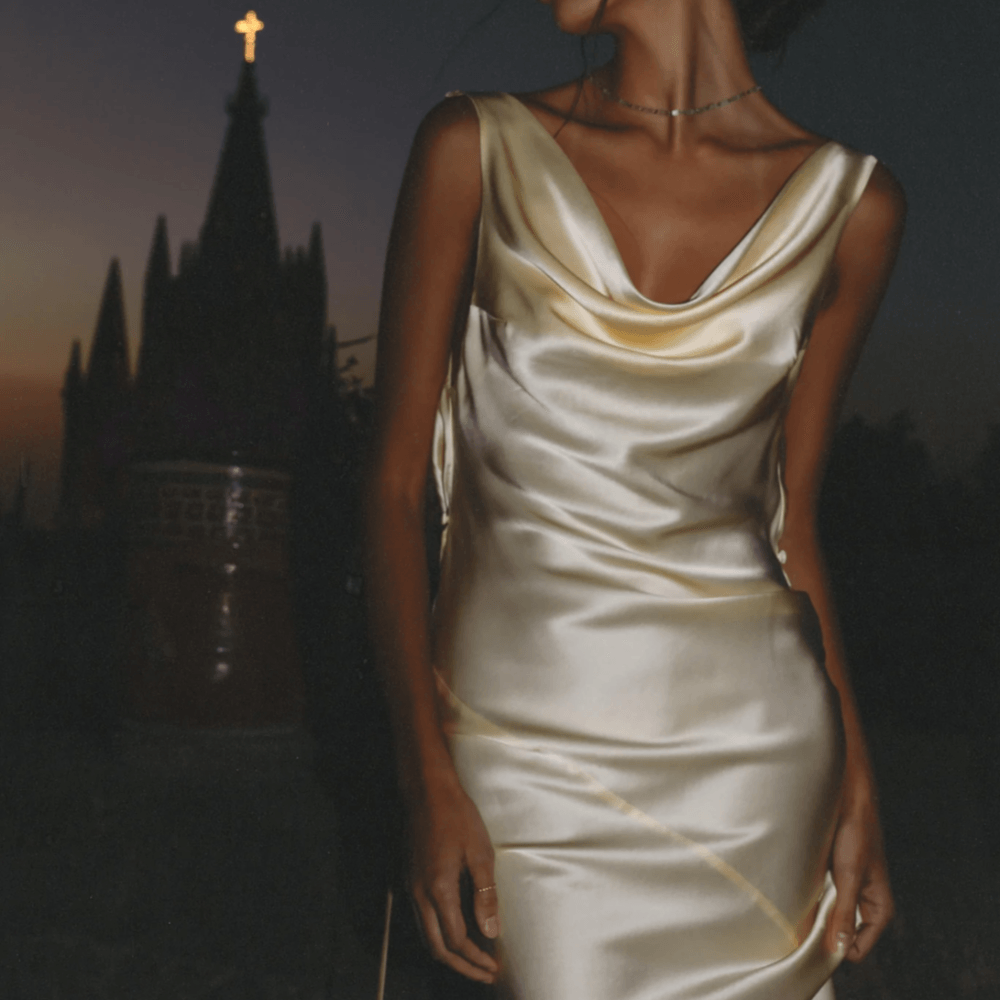 Beige Cowl Neck Plunging Back Satin Slip Maxi Dress