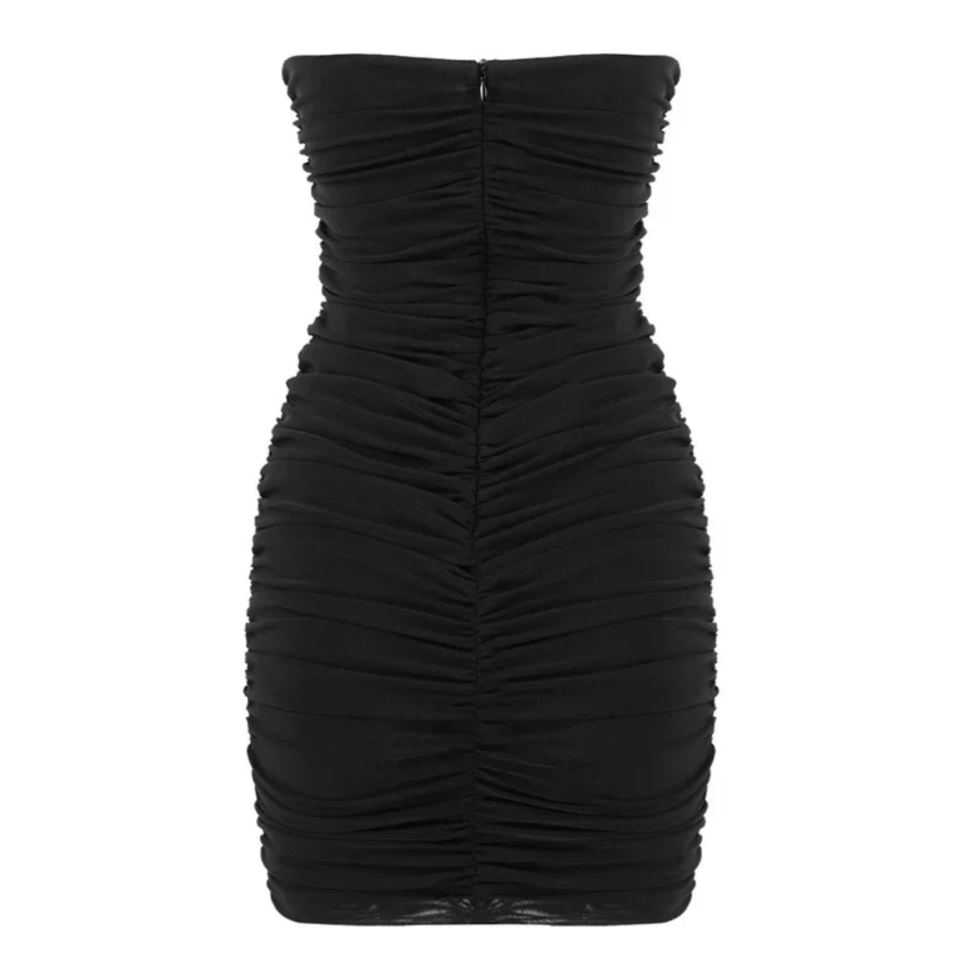 Black Strapless Plunge Cutout Bustier Ruched Bodycon Mini Dress