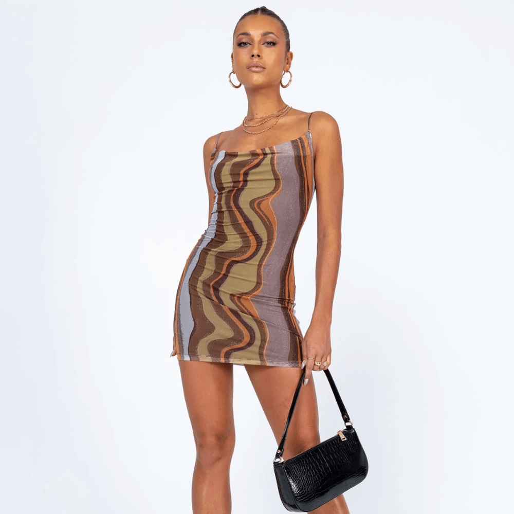 Brown Spaghetti Strap Cowl Neck Abstract Print Bodycon Mini Dress