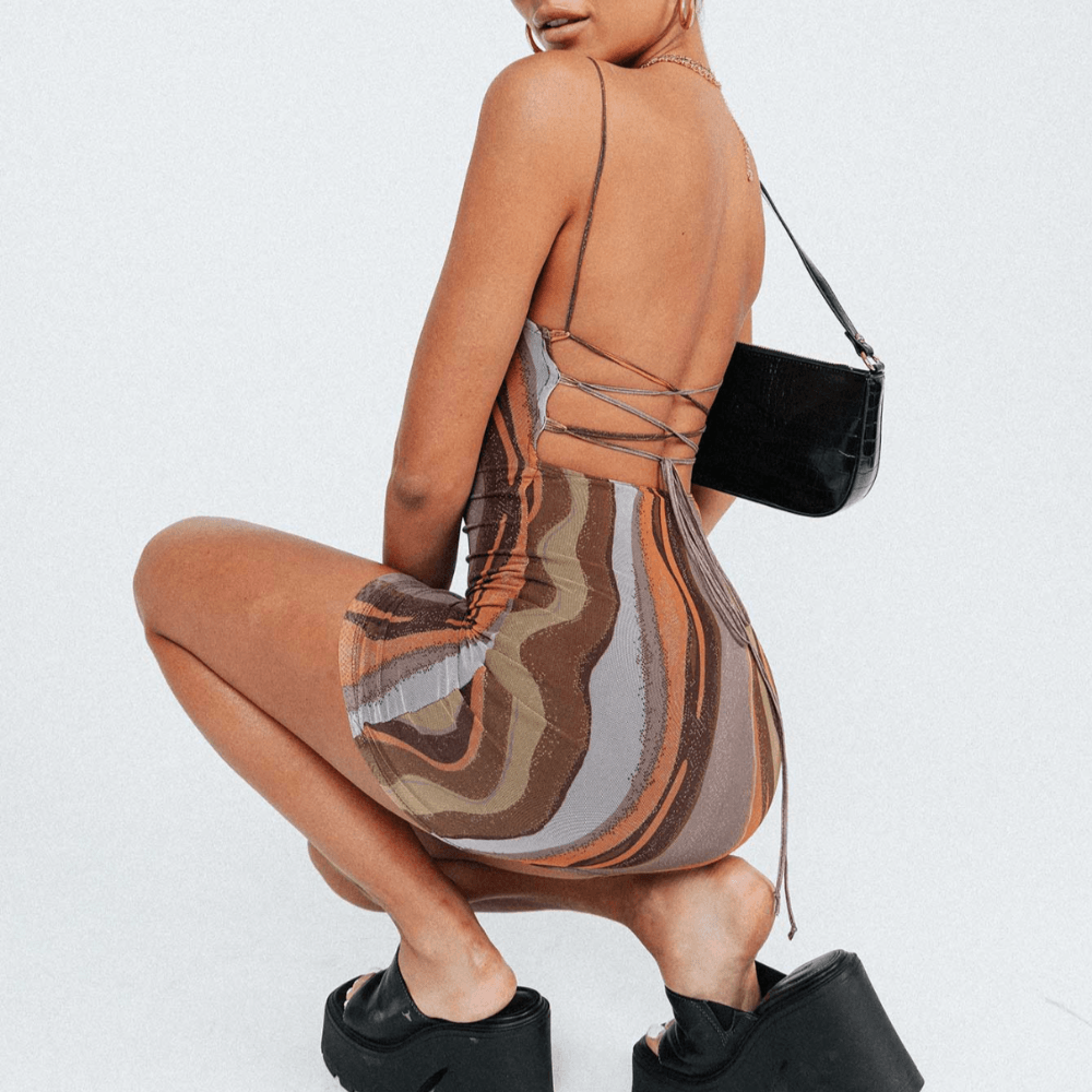 Brown Cowl Neck Spaghetti Strap Abstract Swirl Print Bodycon Mini Dress