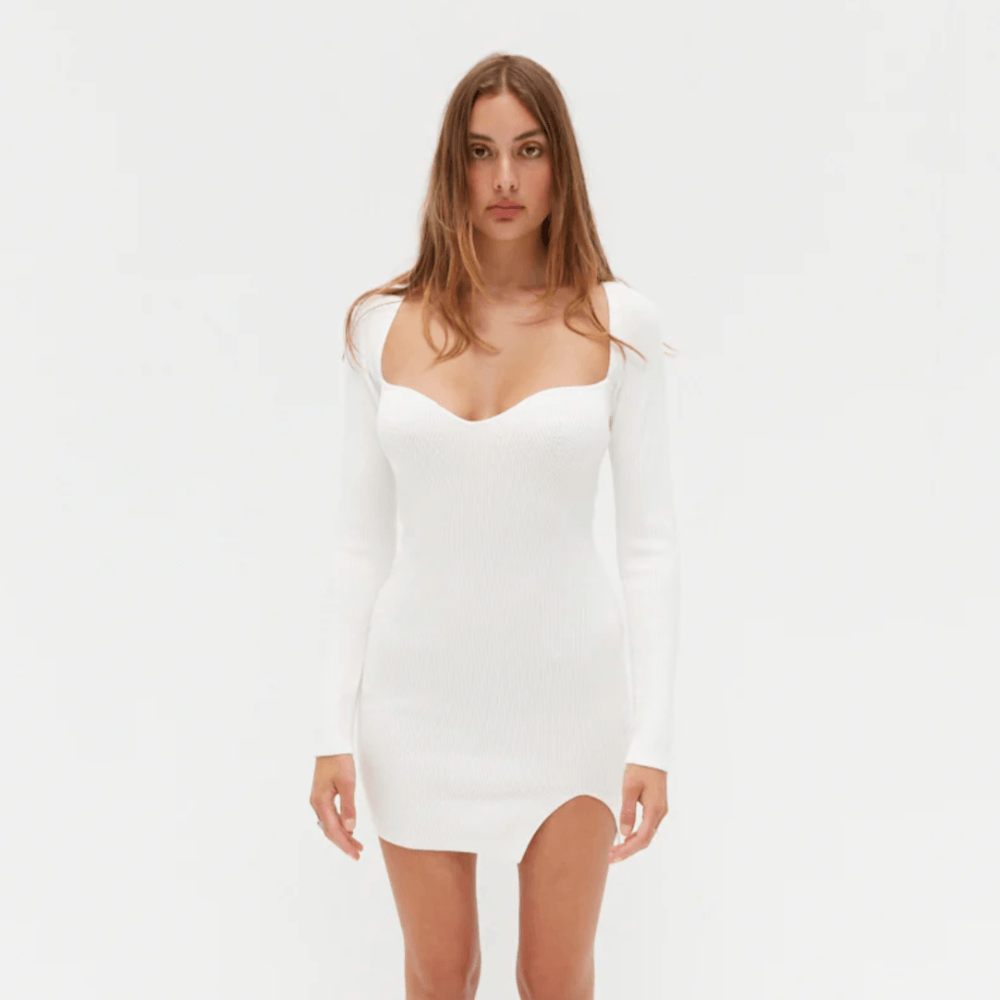 Sweetheart Neck Long Sleeve Ribbed Knit Bodycon Mini Dress