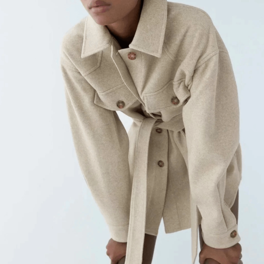 Beige Collared Button Front Patch Pocket Belted Wool Shirt Coat