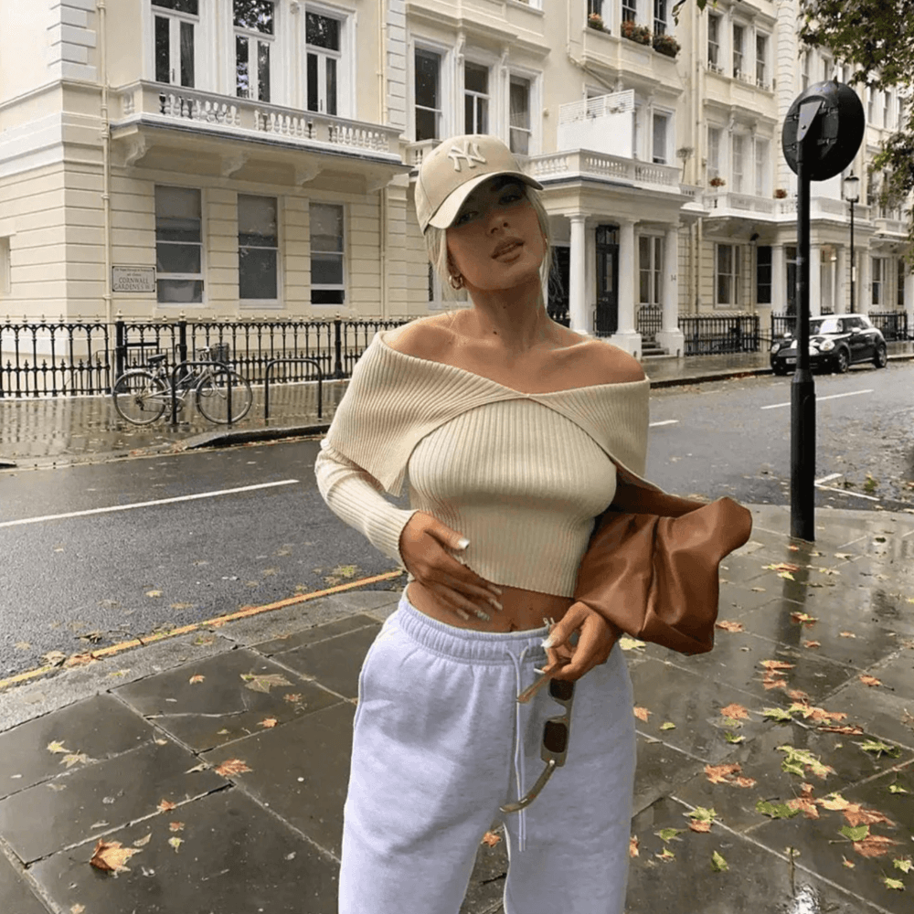 Khaki Off-Shoulder Foldover Long Sleeve Ribbed Knit Sweater