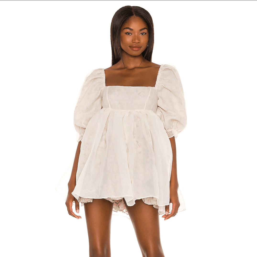Beige Square Neck Puff Sleeve Organza Babydoll Mini Dress 6