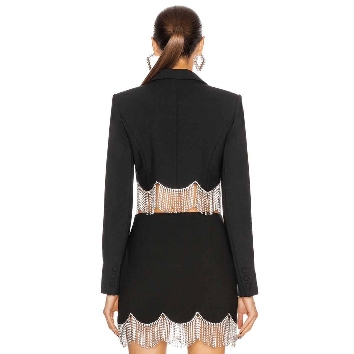 Black Crystal Fringe Hem Cropped Blazer and Mini Skirt Set