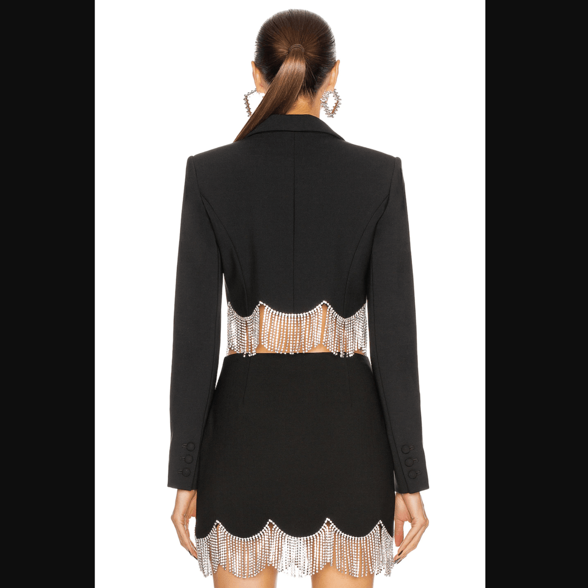 Black Long Sleeve Crystal Fringe Blazer Mini Skirt Two Piece Set