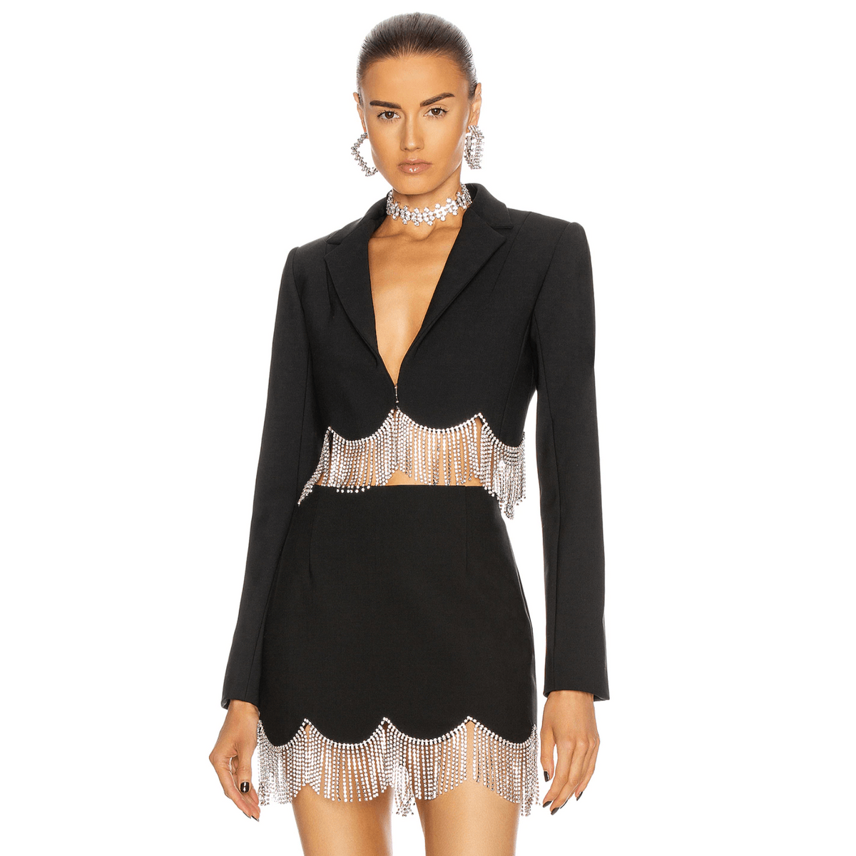 Black Crystal Fringe Hem Cropped Blazer and Mini Skirt Set
