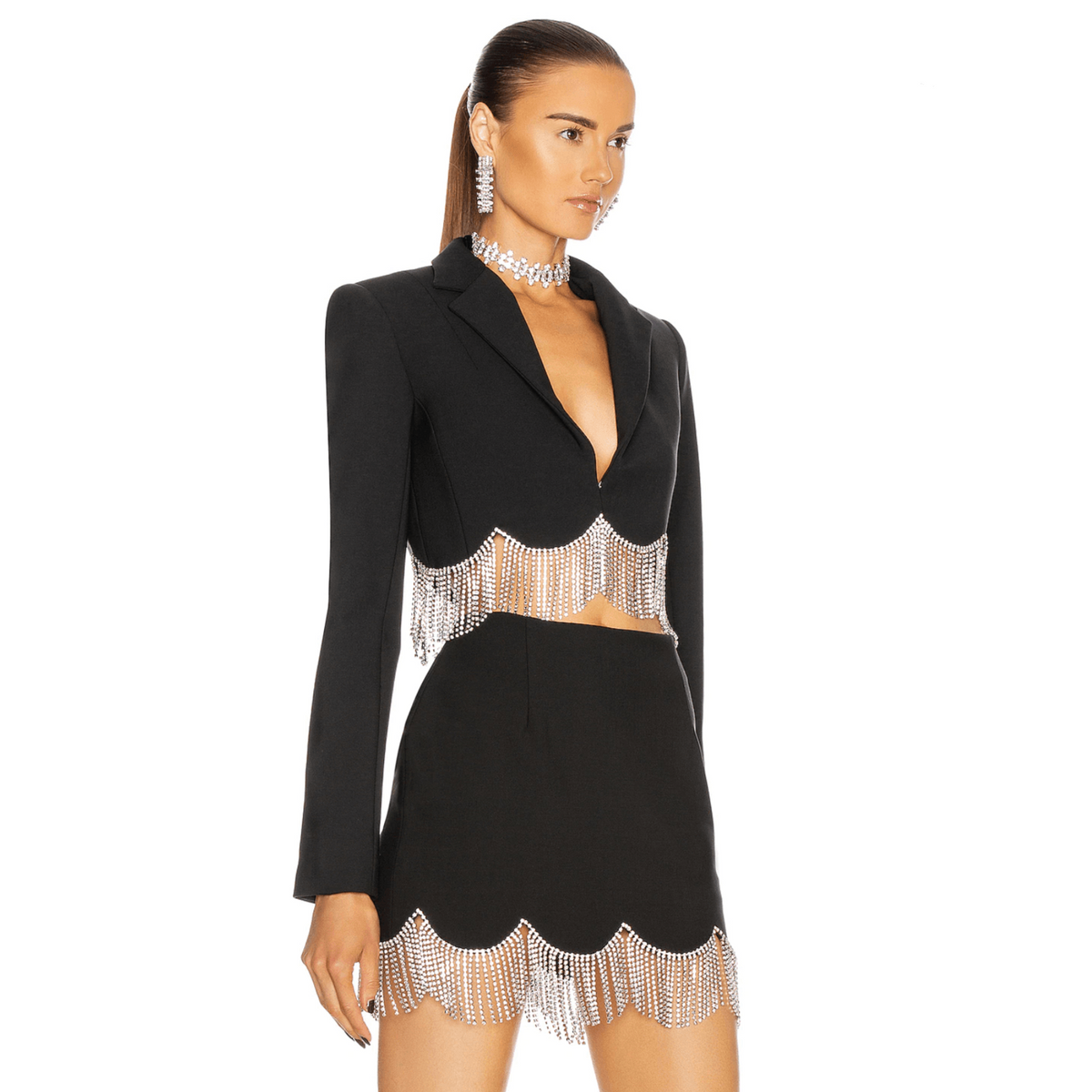 Black Crystal Fringe Hem Cropped Blazer and Mini Skirt Set