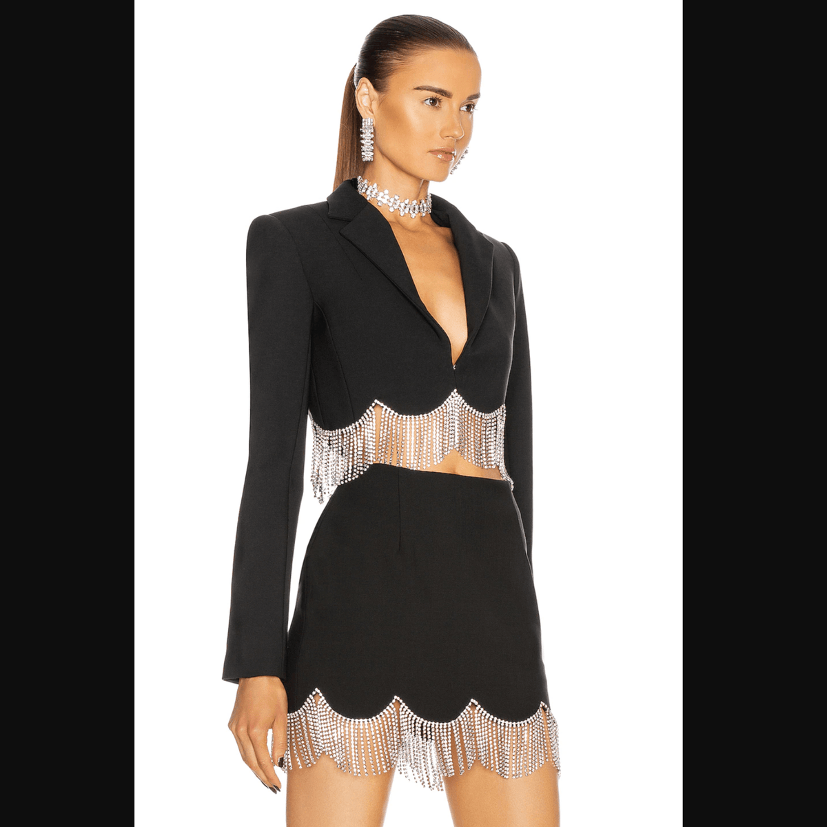 Black Long Sleeve Crystal Fringe Blazer Mini Skirt Two Piece Set