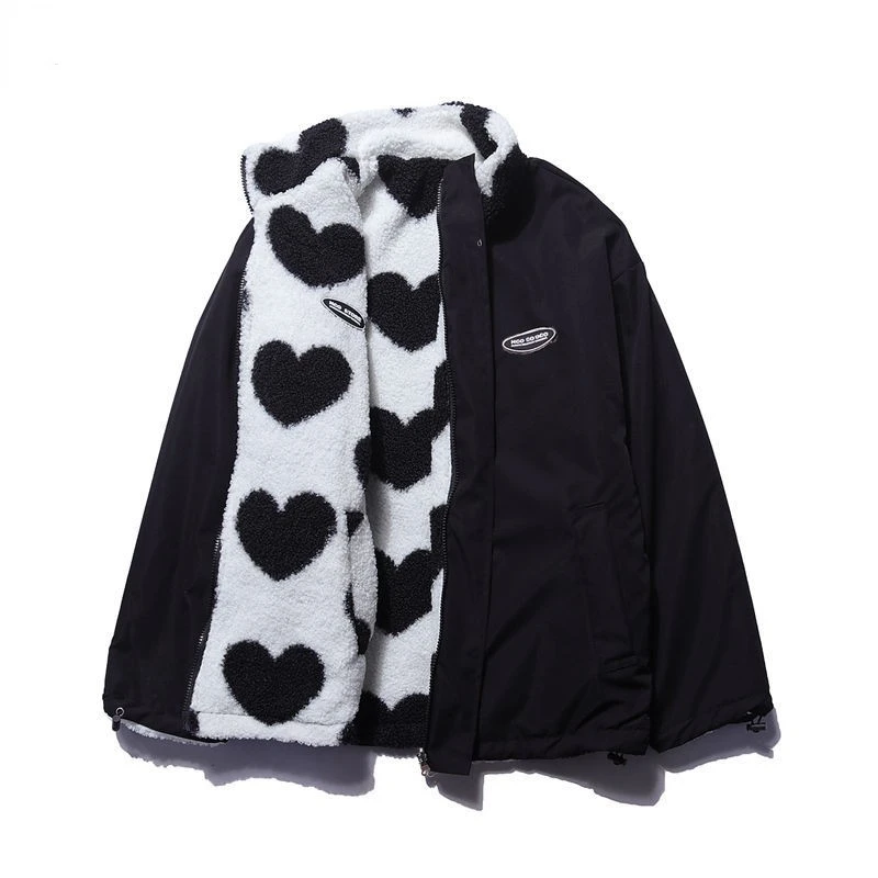 Stand Collar Heart Print Reversible Padded Zip Coat 4