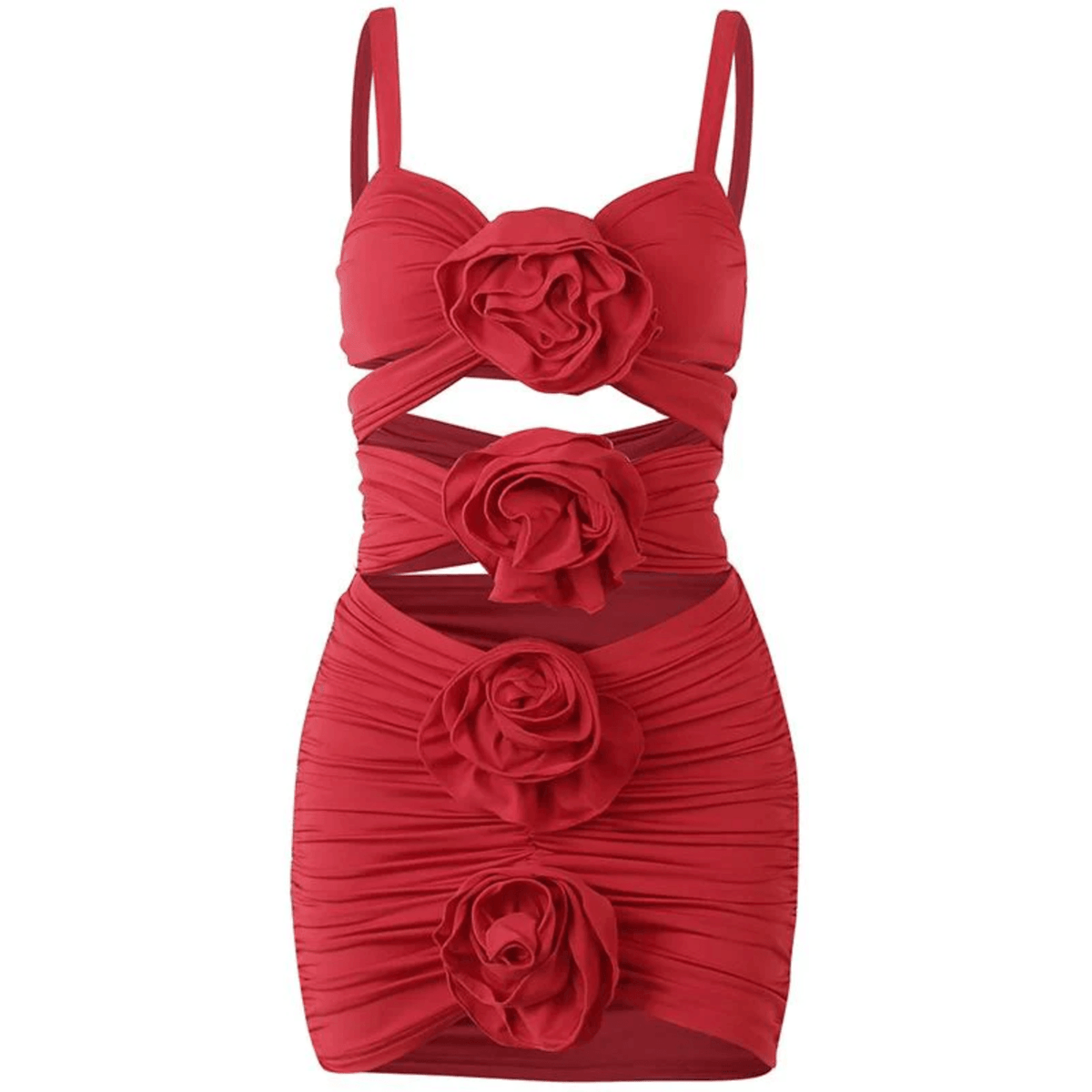 Red Strappy Rosette Cutout Ruched Bodycon Mini Dress