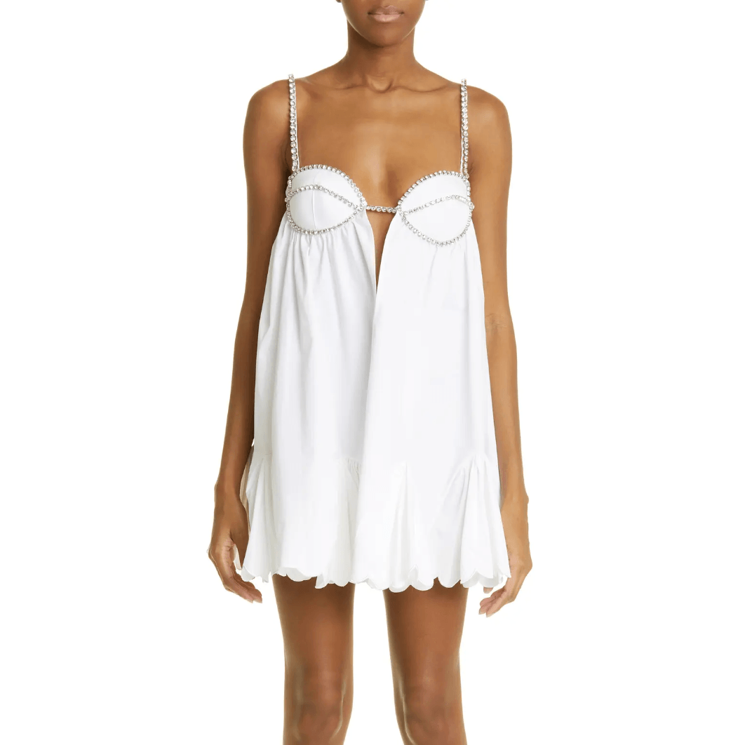 Rhinestone Strap Cup Bodice Scalloped Hem Babydoll Mini Dress