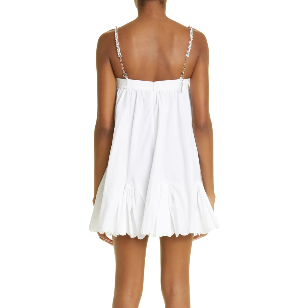 White Rhinestone Strap Underwire Poplin Babydoll Scalloped Hem Mini Dress