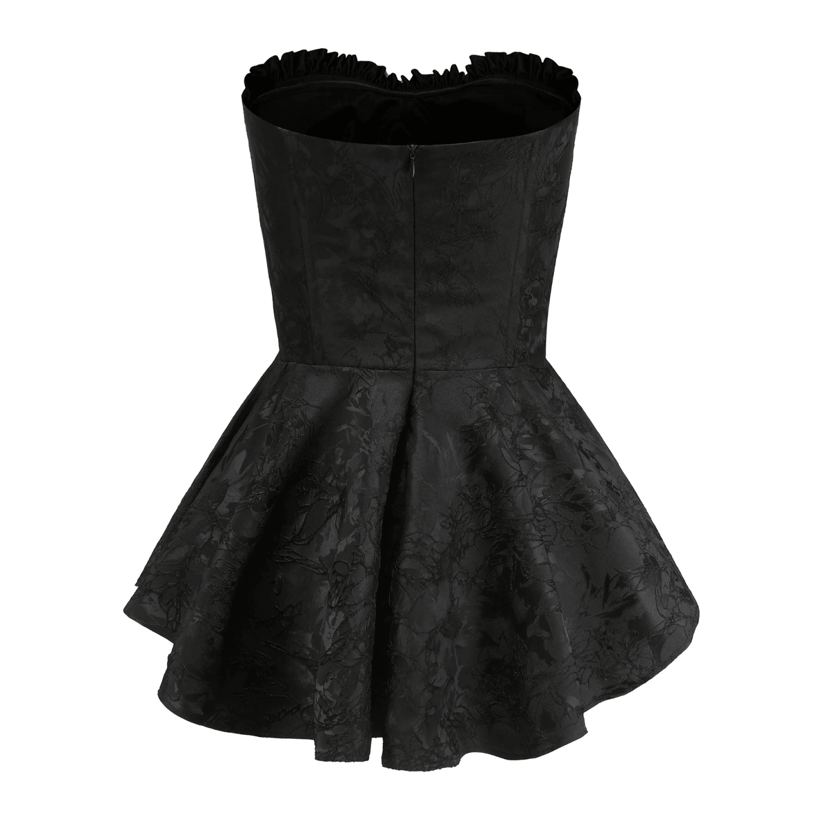 Strapless Ruffle Trim Corset Jacquard Flared Mini Dress
