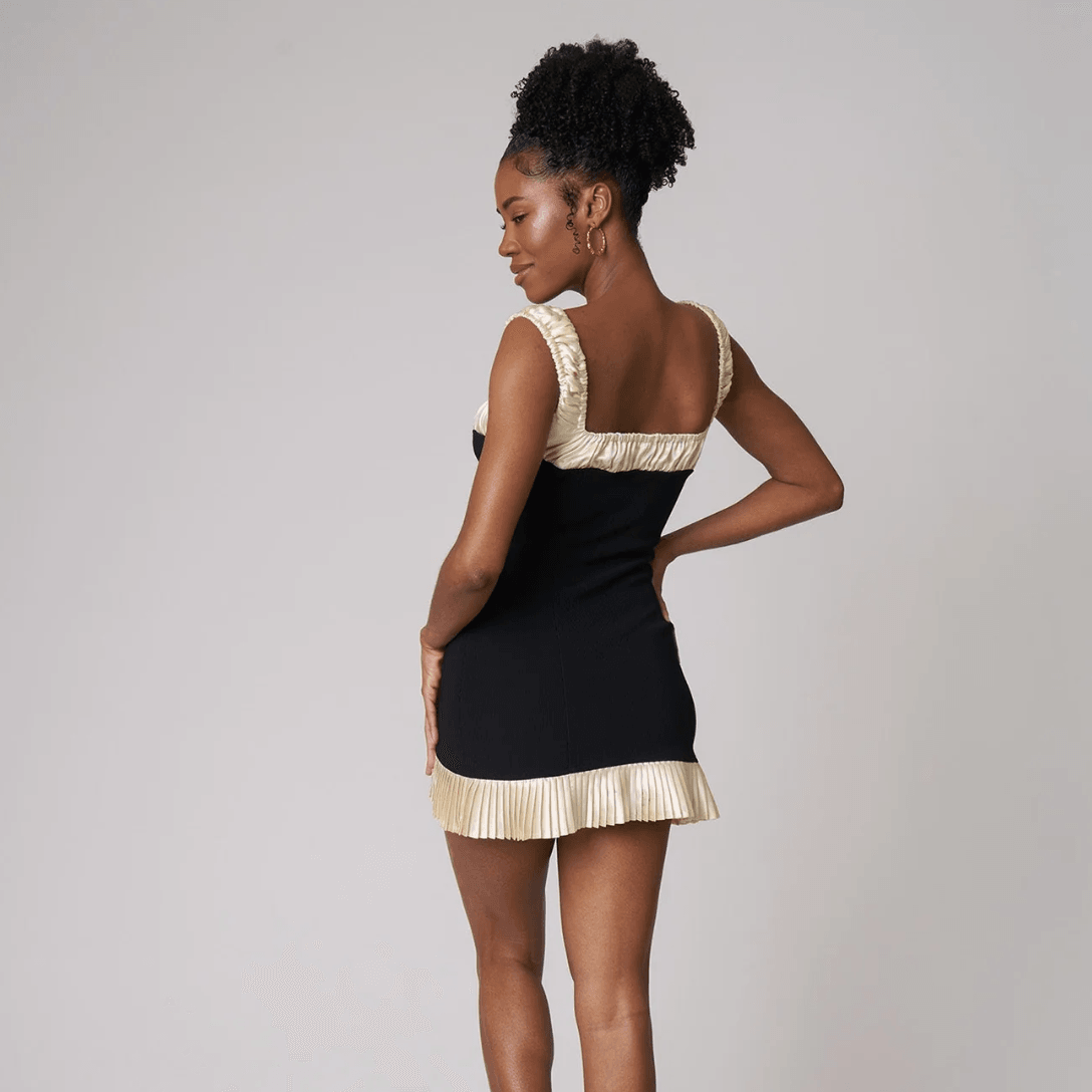Black Square Neck Ruched Satin Lace-Up Front Pleated Hem Mini Dress 9