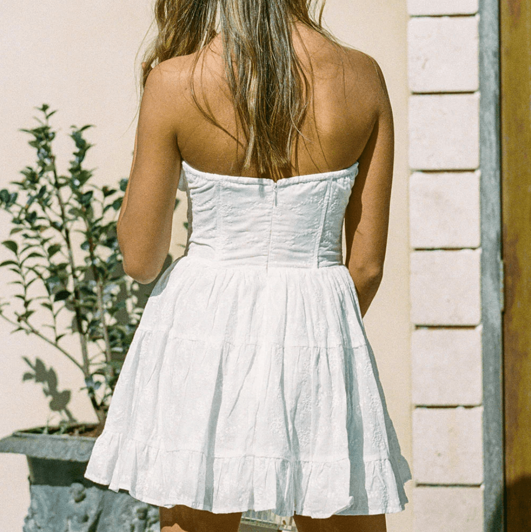 White Strapless Bow Front Eyelet Embroidery Tiered A-Line Mini Dress