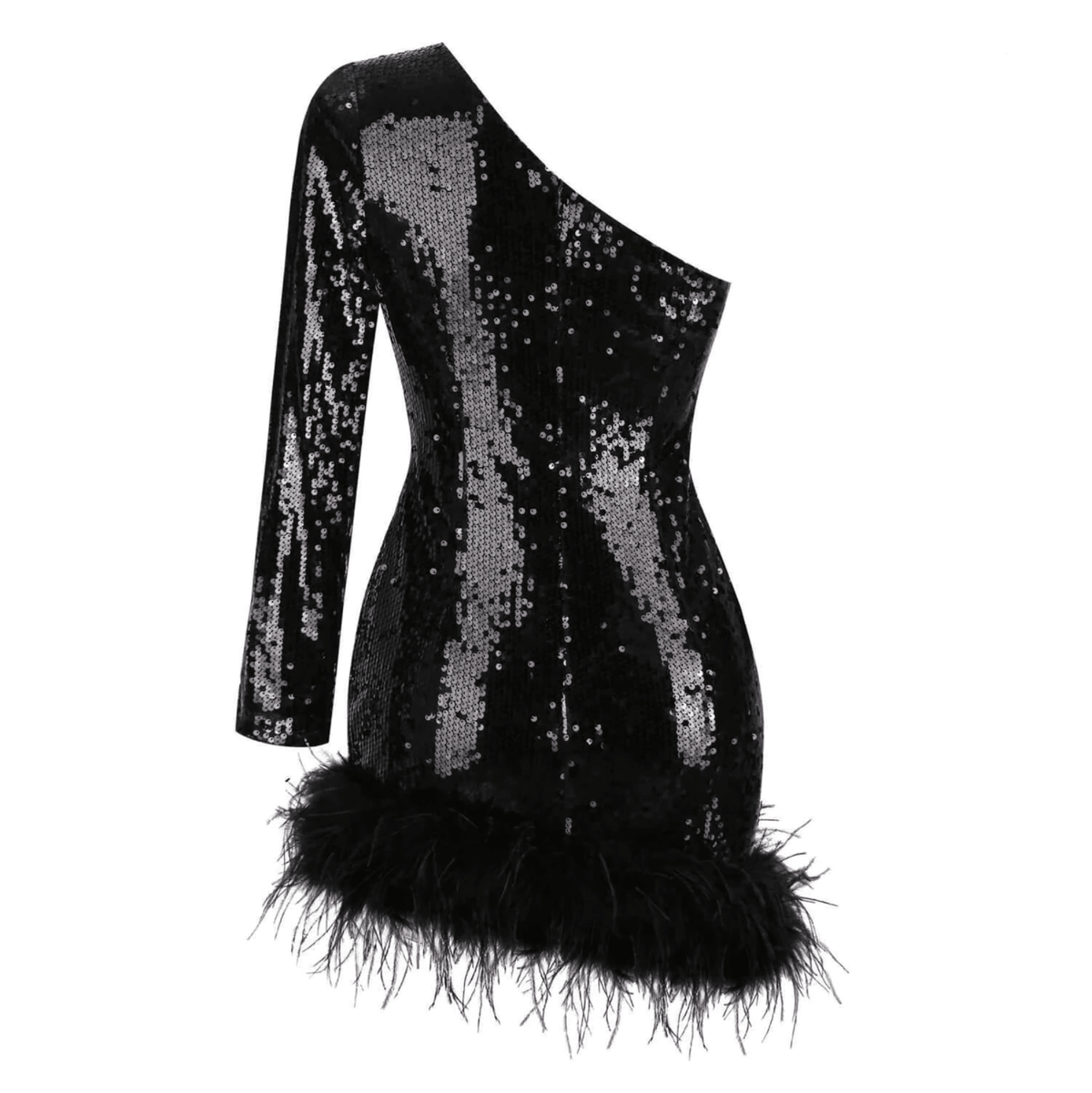 Black One Shoulder Long Sleeve Sequin Feather Trim Bodycon Mini Dress 11