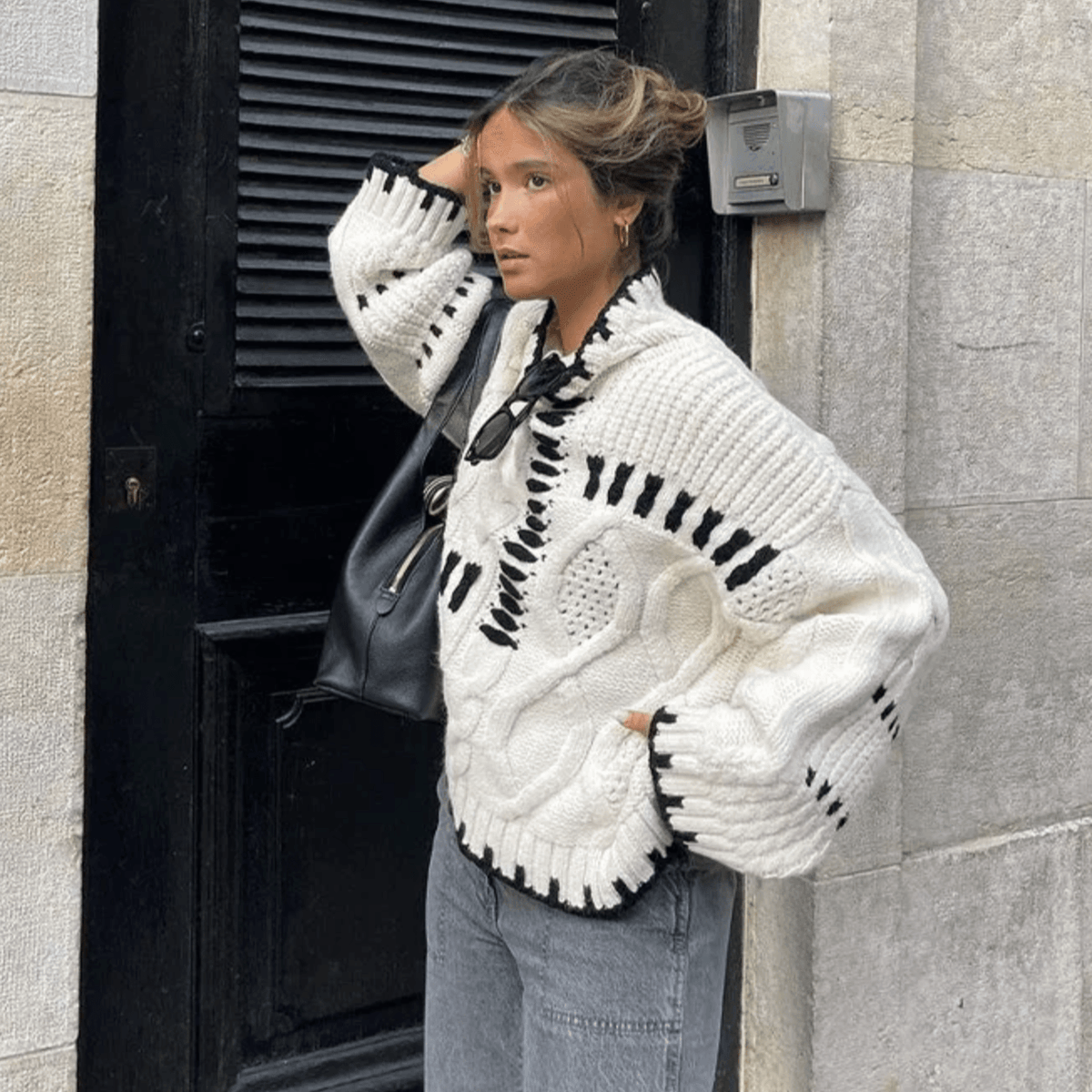 Beige Turtleneck Cable Knit Contrast Stitch Chunky Sweater