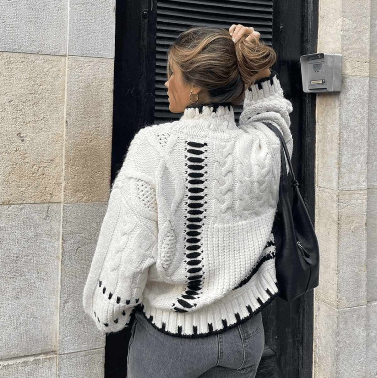 Beige Turtleneck Cable Knit Contrast Stitch Chunky Sweater
