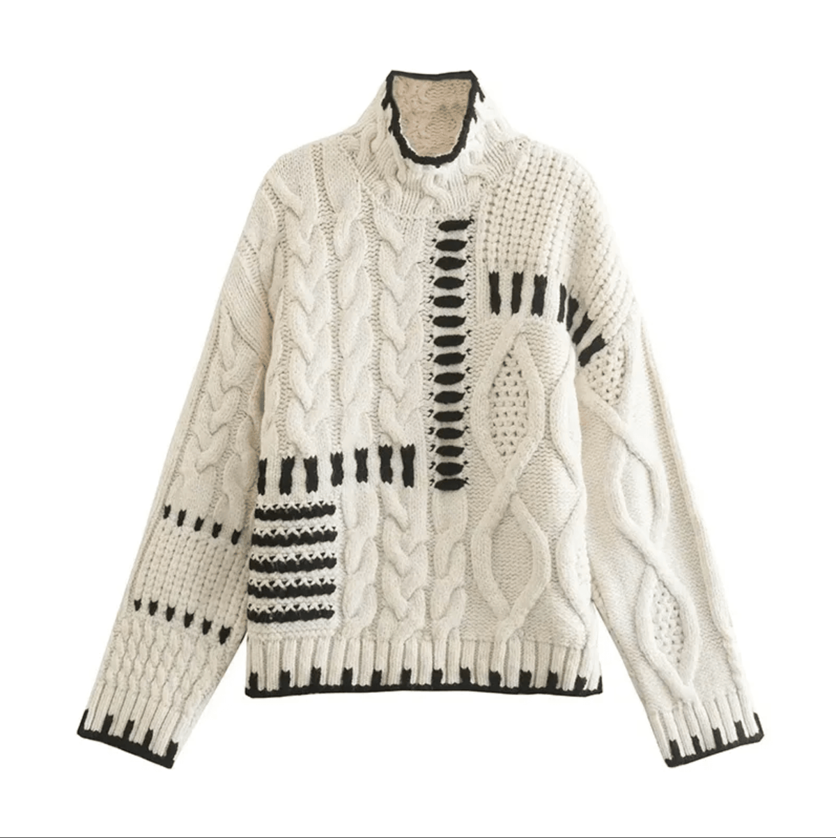 Beige Turtleneck Cable Knit Contrast Stitch Chunky Sweater