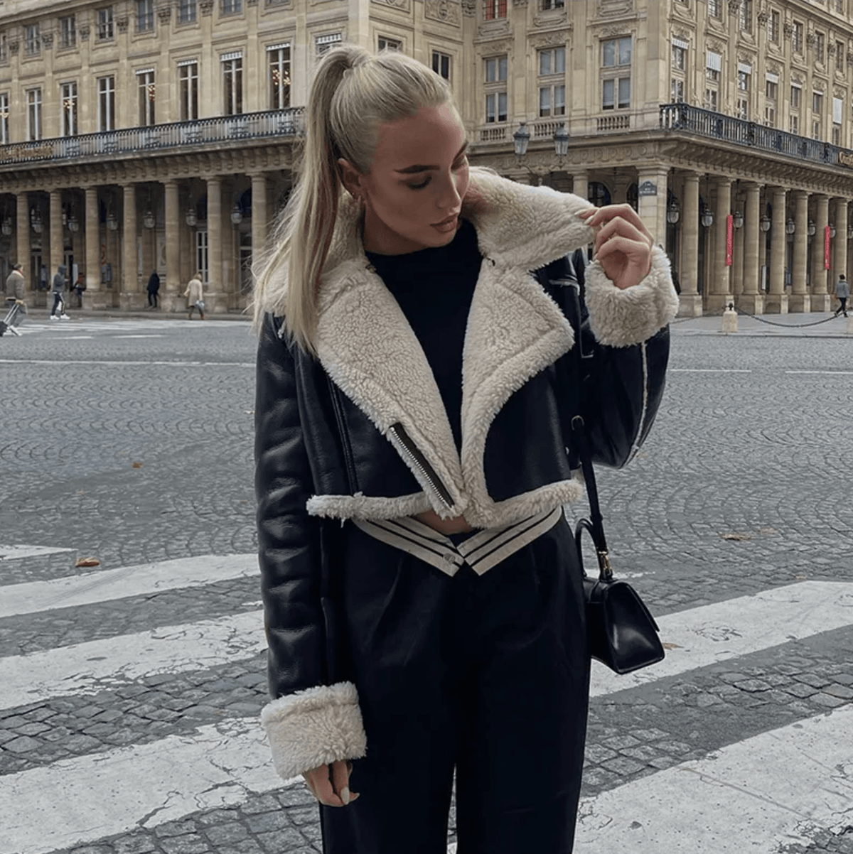 Black Faux Shearling Lapel Zip Cropped Aviator Jacket