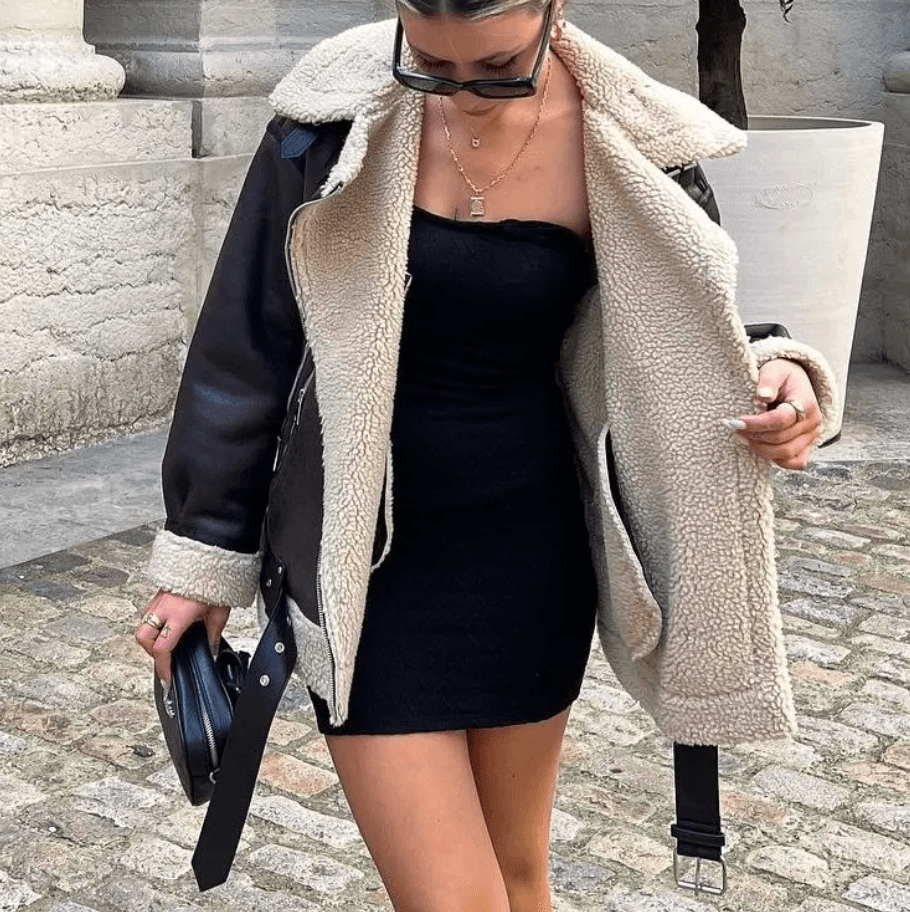 Brown Faux Shearling Lapel Leather Aviator Jacket