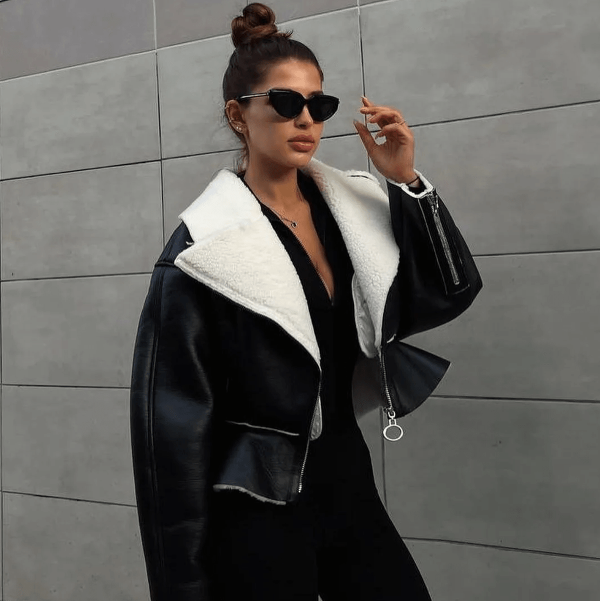 Shearling Lapel Zip Front Peplum Faux Leather Jacket