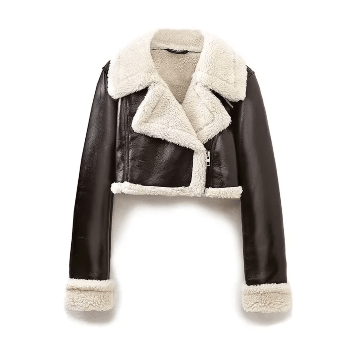 Black Faux Shearling Lapel Zip Cropped Aviator Jacket 5
