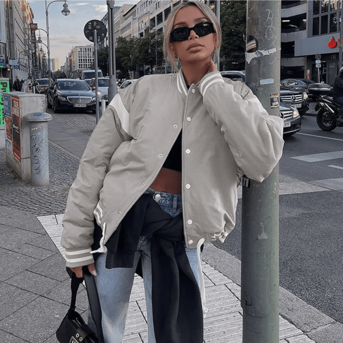 Gray Ribbed Trim Contrast Panel Oversized Varsity Bomber Jacket 2